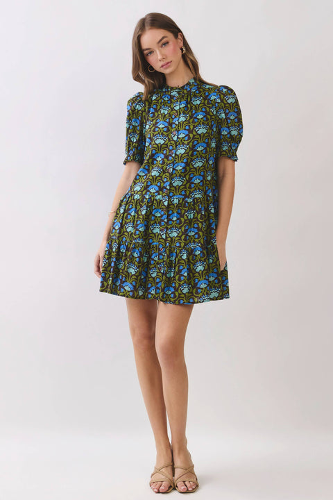 Floral Print Puff Sleeve Button Front Mini Dress: Brown