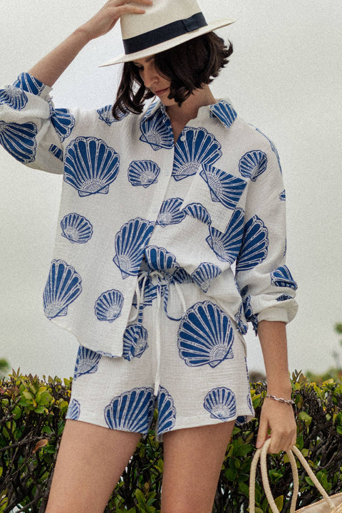 Urban Daizy-Seaside Blue Shell Cotton Gauze Shirt & Short Set-Pink Dot Styles