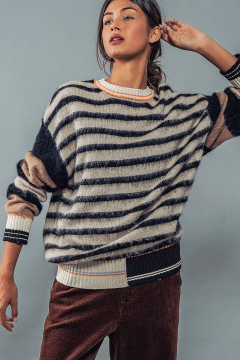 Urban Daizy-Striped Fuzzy Pullover : Multi / S-2/M-2/L-2-Pink Dot Styles