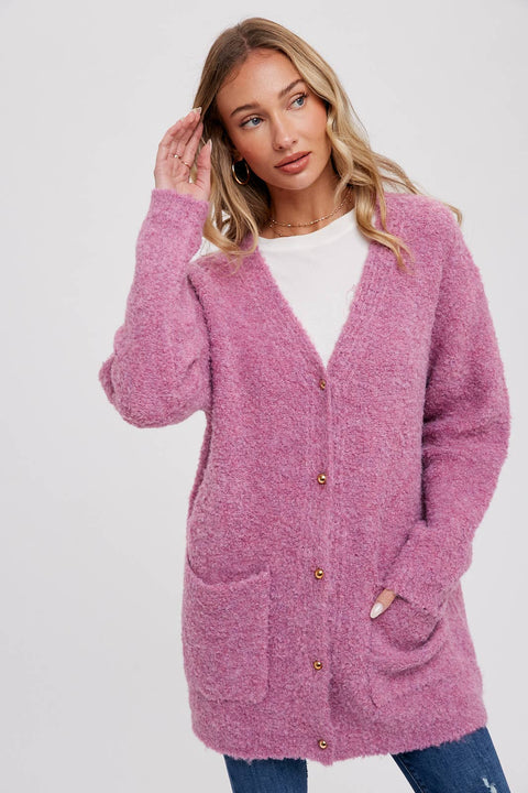 Bluivy-Silver Button Boucle Cardigan: Oatmeal-Pink Dot Styles