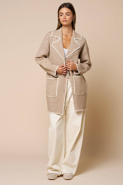 Contrast Trim Button Front Coat: Taupe