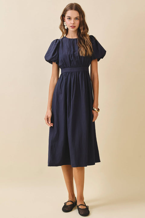 Navy Puff Sleeve Midi Dress