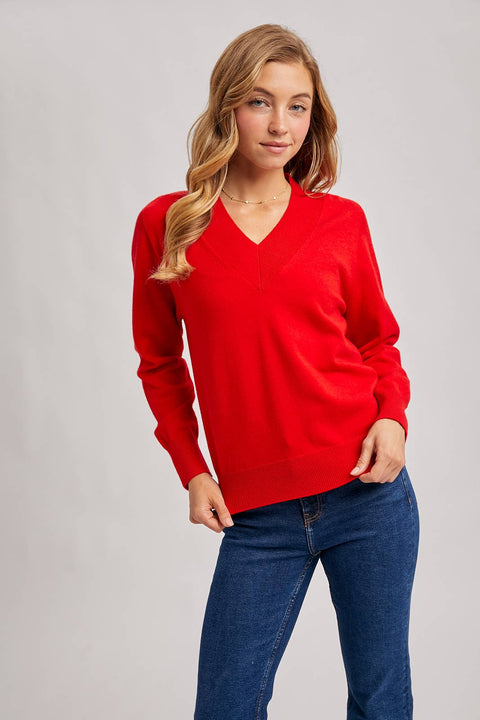 Ribbed V-Neck Knit Sweater: Ruby Red