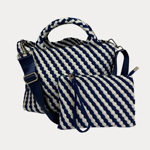 AHDORNED-Lily Woven Neoprene Tote with Pouch: NAVY/ECRU-Pink Dot Styles