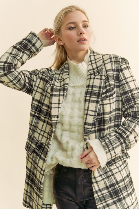 Davi & Dani-PLAID PLEATED DETAIL LONG SLEEVE BLAZER JACKET: IVORY BLACK / S-Pink Dot Styles