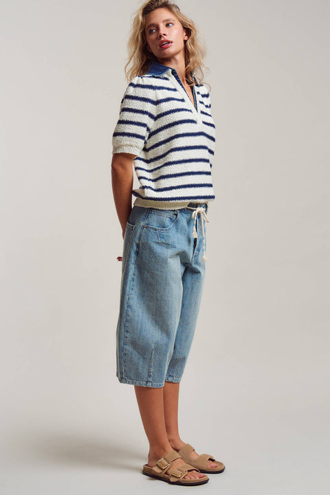 Denim Collar Striped Textured Knit Polo