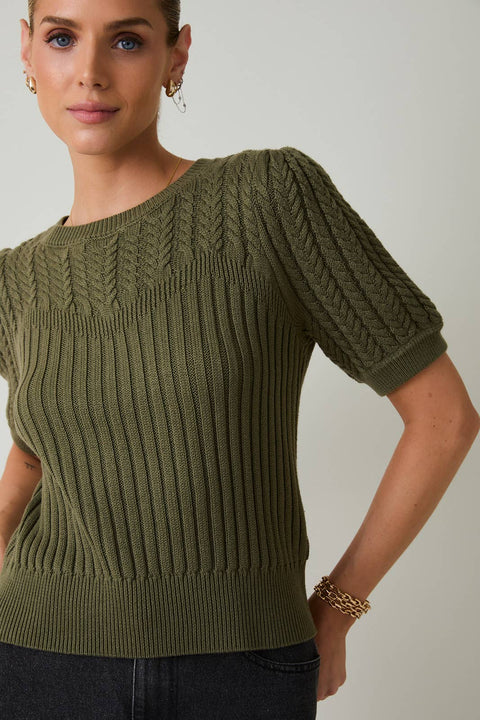 Short Sleeve Cable Knit Sweater: Olive