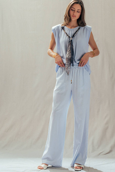 Linen Blend Wide Leg Pants Drawstring Waist: Pale Blue