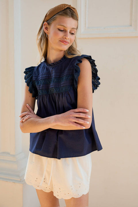 Indigo Washed Cotton Lace Panel Blouse