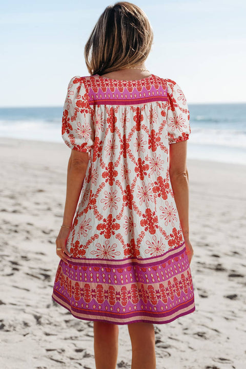Little Daisy Closet-LDC Boho Floral Short Sleeve Lace-up V Neck Mini Dress: Rose / S-Pink Dot Styles