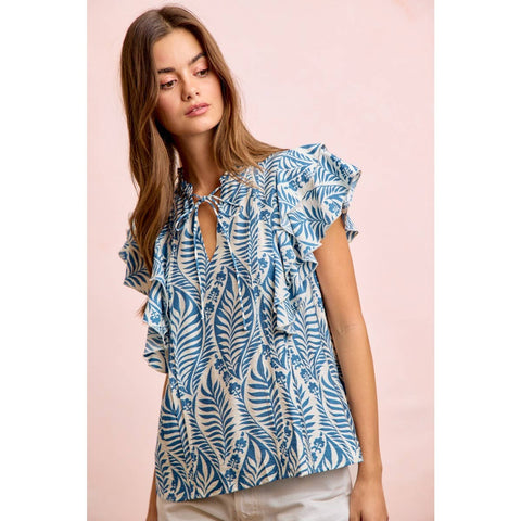 Botanical Printed Ruffle Sleeve Top