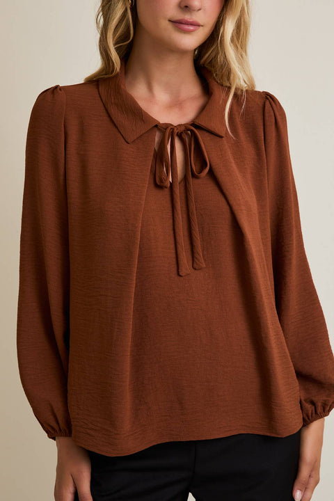 Brown Collar Tie Pleated Blouse