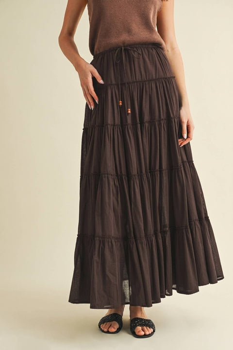 Mustard Seed-Beaded Drawstring Tiered Maxi Skirt: Chocolate-Pink Dot Styles