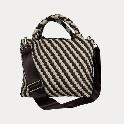 AHDORNED-Lily Woven Neoprene Tote with Pouch: NAVY/ECRU-Pink Dot Styles