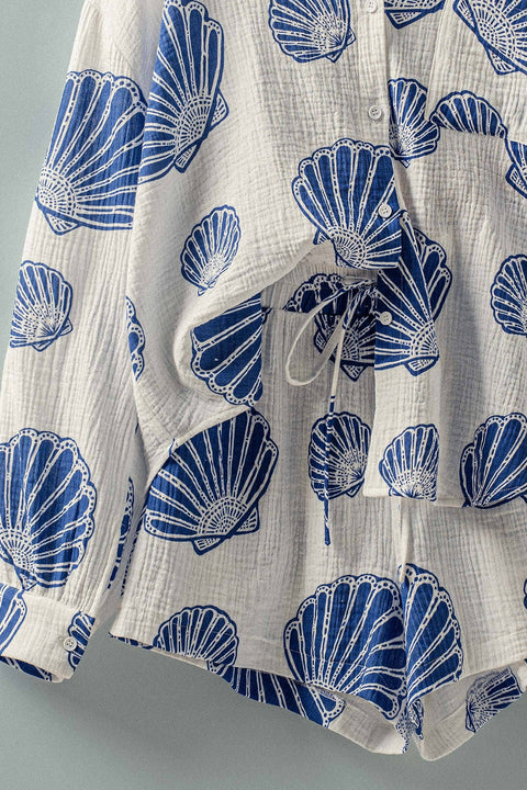 Urban Daizy-Seaside Blue Shell Cotton Gauze Shirt & Short Set-Pink Dot Styles