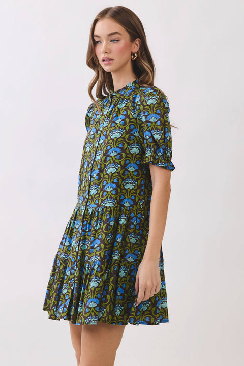 Floral Print Puff Sleeve Button Front Mini Dress: Brown
