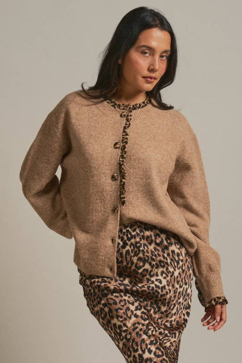 Leopard Ruffle Trim Knit Cardigan: Camel