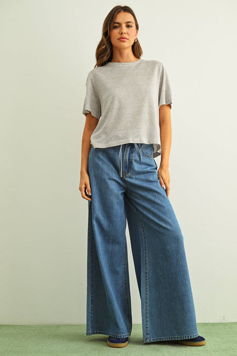 MIOU MUSE-Gray Stripe Slub Tee-Pink Dot Styles