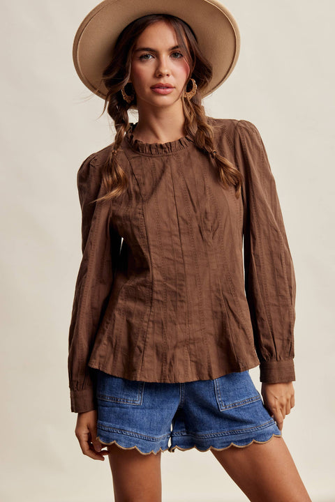 Chocolate Brown Ruffle Neck Blouse