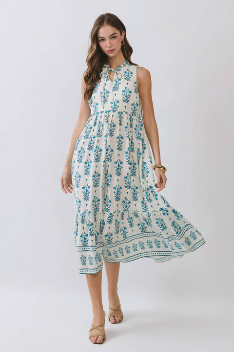 Blue & White Floral Tiered Midi Dress