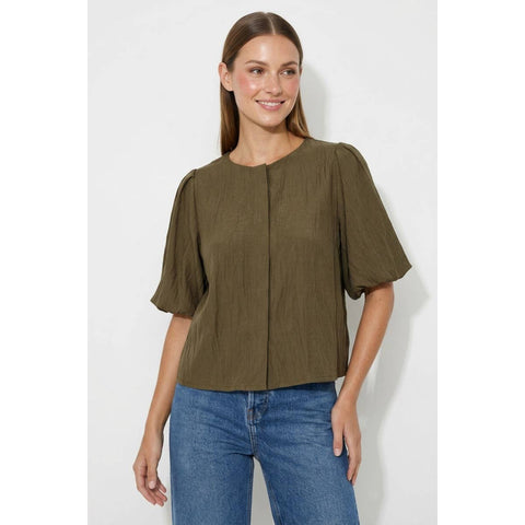 Puff Sleeve Button Up Blouse: Olive