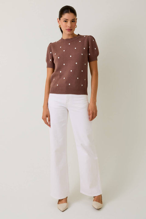 Sunday Edition by LE LIS-ROUND NECK PUFF SHORT SLEEVE "POLKA DOT" EMBROIDERED SWEATER: MOCHA-IVORY DOT / S-Pink Dot Styles