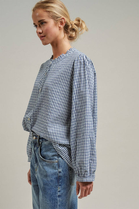 Navy Windowpane Check Ruffle Placket Cotton Blouse