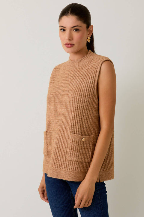MOCK NECK SLEEVELESS OVERSIZE VEST: Beige / S