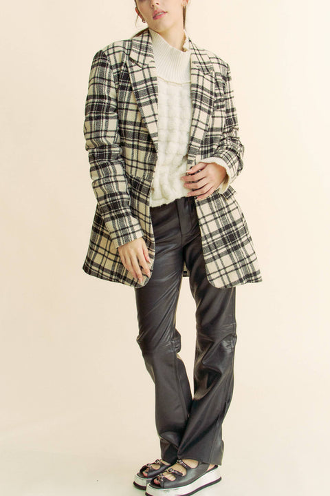 Davi & Dani-PLAID PLEATED DETAIL LONG SLEEVE BLAZER JACKET: IVORY BLACK / S-Pink Dot Styles