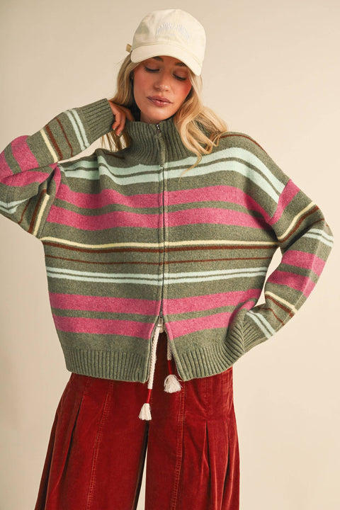 Colorful Striped Mock Neck Zip-up Cardigan