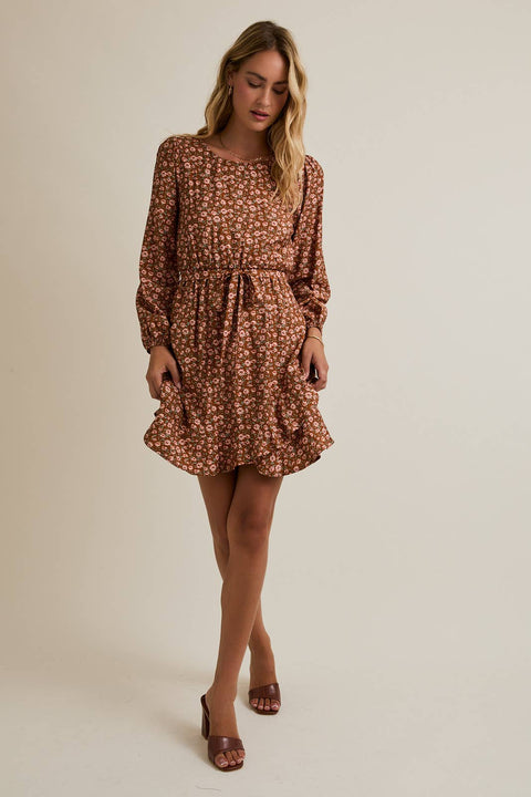 GILLI-Mocha Taupe Floral Dress-Pink Dot Styles