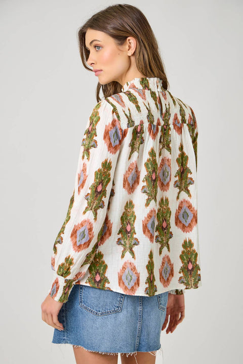 Mystree-Block Print Smocked Blouse-Pink Dot Styles