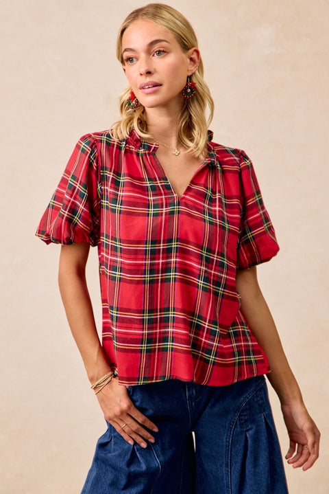 Tartan Short Sleeves Ruffled Blouse