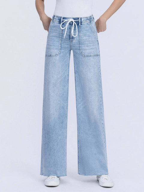 FLYING MONKEY-Wide Leg Drawstring Jeans-Pink Dot Styles