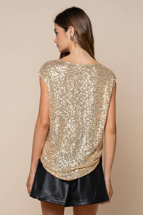 Sequin Cap Sleeve Boat Holiday Blouse: Gold / L
