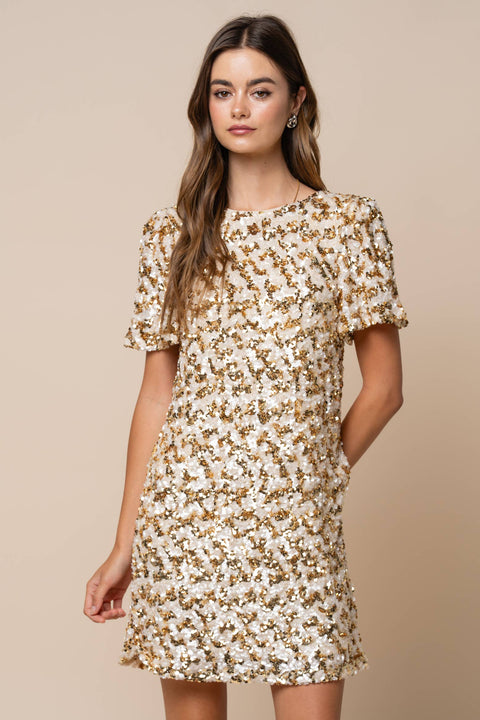 Sequin Puff Sleeve Shift Mini Dress: Gold