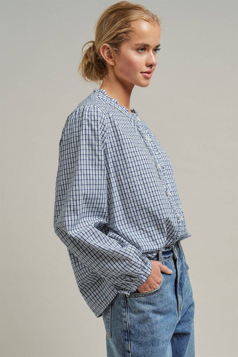 Navy Windowpane Check Ruffle Placket Cotton Blouse