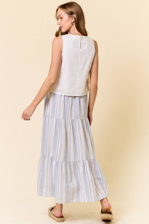 Doe and Rae-Striped Tiered Maxi Skirt: Blue and White-Pink Dot Styles