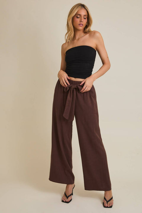 GILLI-WAIST TIE WIDE LEG PANTS: CHOCOLATE / L-Pink Dot Styles