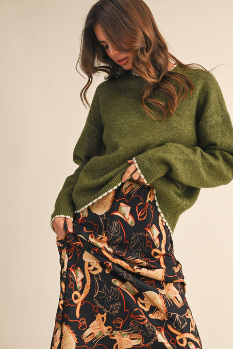 Contrast Knit Scalloped Edge Sweater