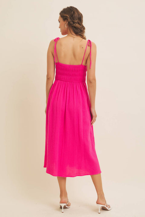 in february-VIBRANT SUMMER COTTON GAUZE SMOCKED MIDI DRESS WITH TIE STRA: HOT PINK / L-Pink Dot Styles