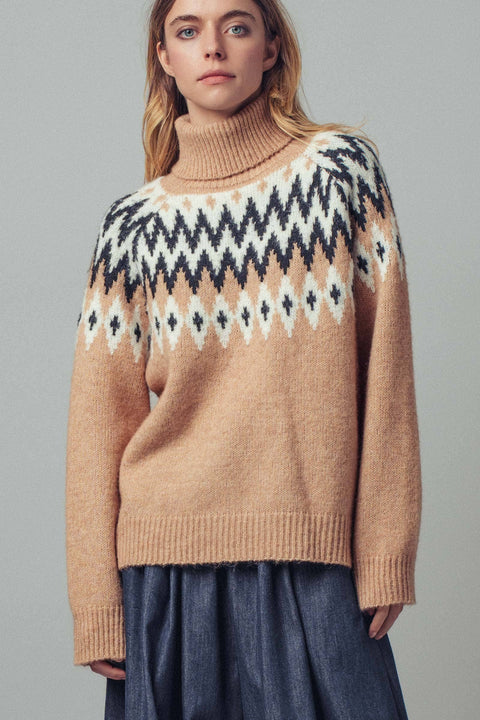 Fair Isle Knit Turtleneck Sweater: Taupe