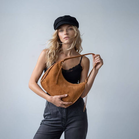AHDORNED-Sara Solid Suede Shoulder Bag w/ Tassels: Camel-Pink Dot Styles
