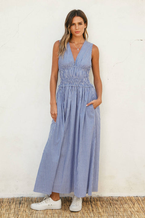 Blue & White Striped Midi Dress