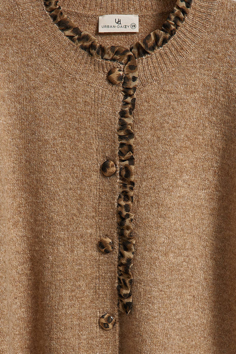 Leopard Ruffle Trim Knit Cardigan: Camel