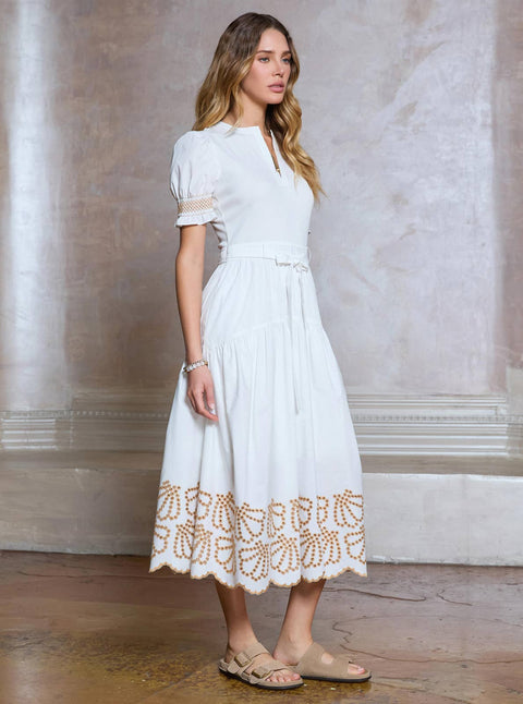 Embroidered Mix Media Midi Dress: White