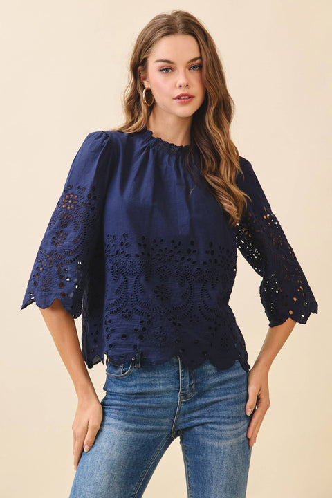 Floral Eyelet Embroidery Top: Navy