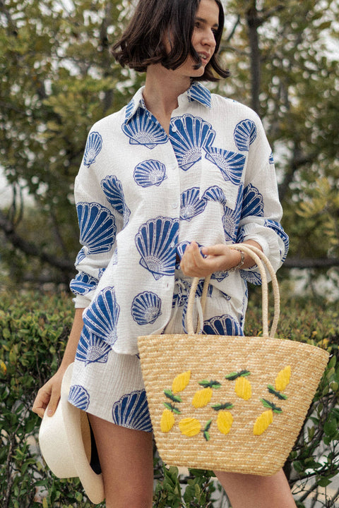 Urban Daizy-Seaside Blue Shell Cotton Gauze Shirt & Short Set-Pink Dot Styles