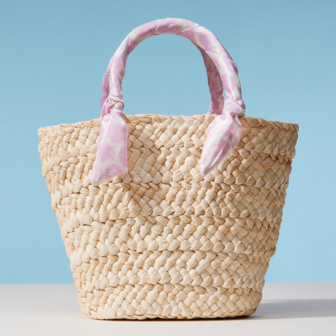 Frem-Shell Raffia Bag with Scarf Handles-Pink Dot Styles
