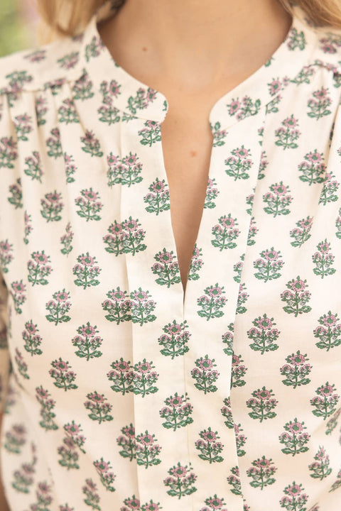 VOY-Block Print Smocked Floral Top-Pink Dot Styles
